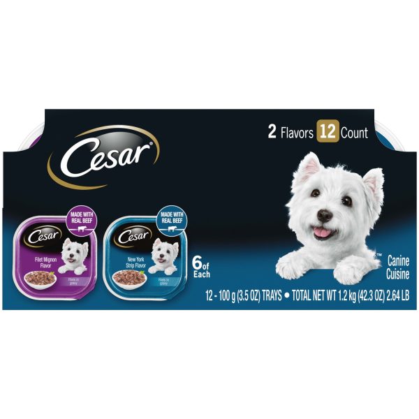 (12 Pack) CESAR Wet Dog Food Filets in Gravy Filet Mignon & New York Strip Flavors Variety Pack, 3.5 Oz. Easy Peel Trays For Sale