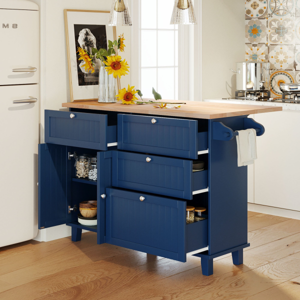 Farmhouse Kitchen Island Set with Drop Leaf and 2 Seatings,Dining Table Set with Storage Cabinet, Drawers and Towel Rack, Blue+Black+Brown Online Hot Sale