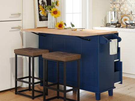 Farmhouse Kitchen Island Set with Drop Leaf and 2 Seatings,Dining Table Set with Storage Cabinet, Drawers and Towel Rack, Blue+Black+Brown Online Hot Sale