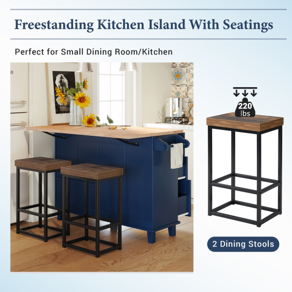 Farmhouse Kitchen Island Set with Drop Leaf and 2 Seatings,Dining Table Set with Storage Cabinet, Drawers and Towel Rack, Blue+Black+Brown Online Hot Sale