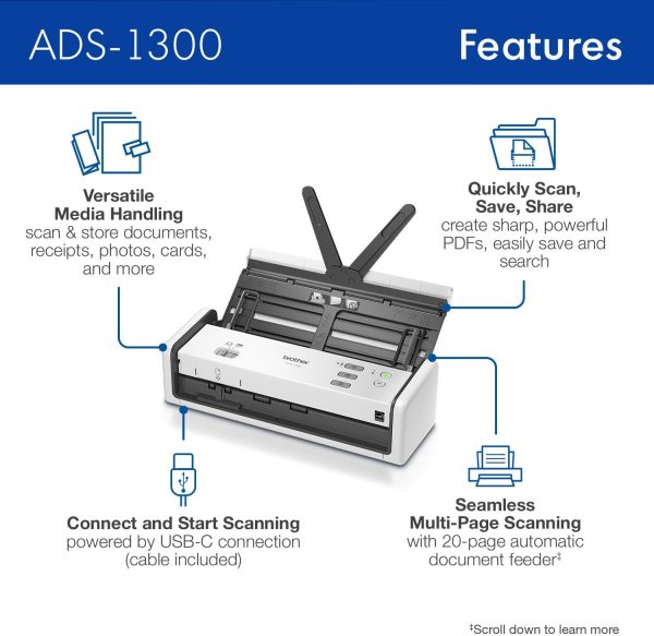 Brother ADS-1300 Compact Desktop Scanner | Scan Speeds of Up to 30ppm | Single Pass Double-Sided Scanning Fashion