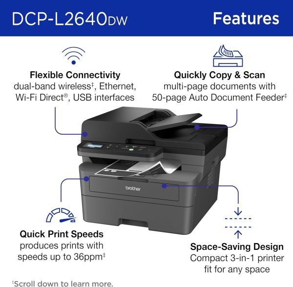 Brother DCP-L2640DW Wireless Compact Monochrome Multi-Function Laser Printer with Copy and Scan, Duplex, Mobile, Black & White Hot on Sale