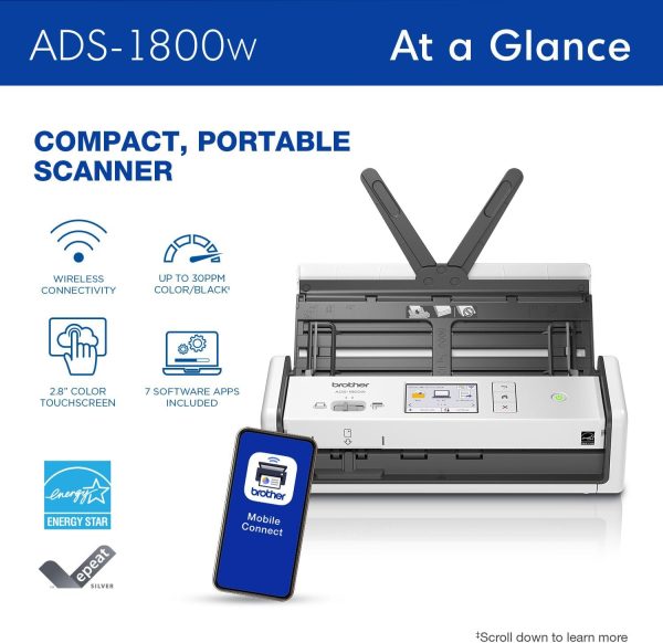 Brother ADS-1800W Wireless Compact Desktop Scanner | Scan Speeds of Up to 30ppm | 2.8  Color Touchscreen For Sale