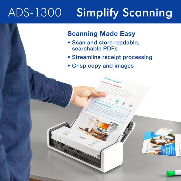 Brother ADS-1300 Compact Desktop Scanner | Scan Speeds of Up to 30ppm | Single Pass Double-Sided Scanning Fashion