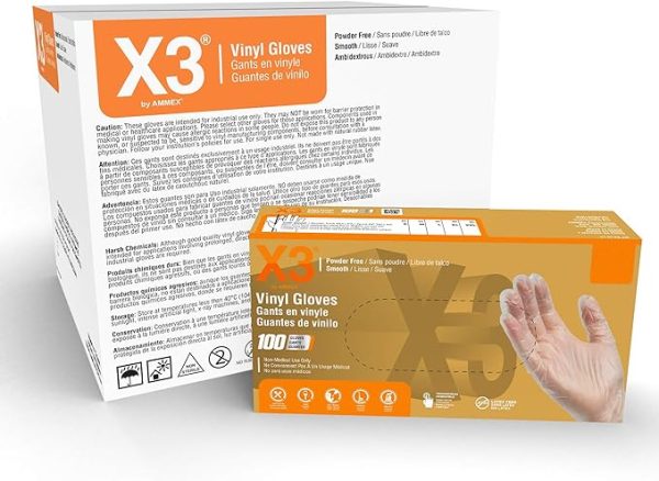 X3 Clear Vinyl Disposable Industrial Gloves, 3 Mil, Latex & Powder-Free, Food-Safe, Non-Sterile, Smooth, Medium, Case of 1000 For Discount